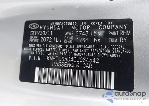 2012 Hyundai Veloster Base W/Gray from USA, damaged, VIN KMHTC6AD4CU034542